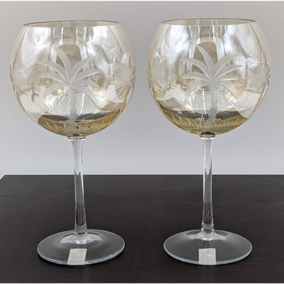 2 Royal Danube Etched Palm Tree Yellowish Luster Balloon Wine Glasses 9" Goblets - Picture 3 of 12